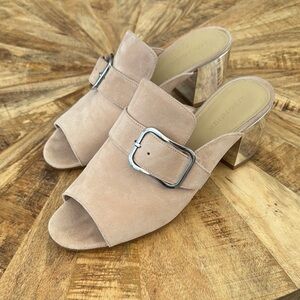 Classy Marc Fisher Beige Suede Mules with Mirror Heels